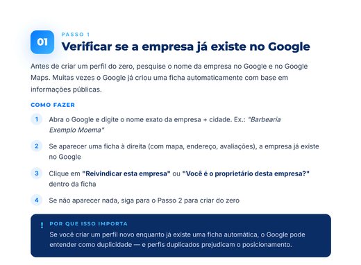 Página do Passo 1: verificar se a empresa já existe no Google, com as quatro instruções e o alerta sobre perfis duplicados