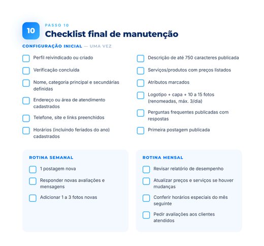 Página do Passo 10: checklist final de manutenção, com configuração inicial, rotina semanal e rotina mensal