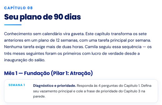 Página do capítulo 8 com o plano de 90 dias, mostrando as semanas 1 a 4 do primeiro mês